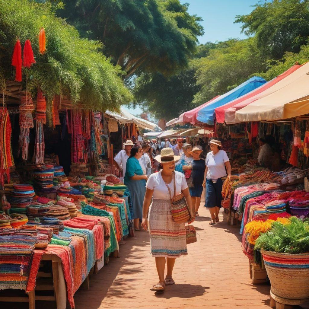A vibrant marketplace scene in Paraguay, showcasing colorful handicrafts, traditional textiles, and local vendors smiling as they sell their unique items. Include lush greenery in the background and cheerful shoppers exploring the stalls, embodying a sense of joy and community. The image should capture the essence of Paraguayan culture and the warmth of local shopping experiences. super-realistic. vibrant colors.