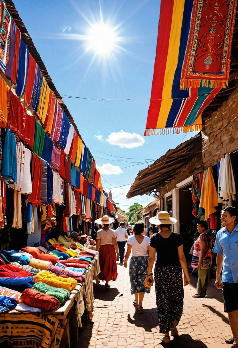 A vibrant marketplace filled with colorful Paraguayan crafts, textiles, and traditional foods. Highlight cheerful shoppers exploring unique stalls with warm smiles, showcasing the rich culture and creativity of Paraguay. Incorporate elements like intricate patterns from local weavings, fresh fruits, and artisan souvenirs, under a bright sunny sky to evoke a joyful shopping atmosphere. super-realistic. vibrant colors.