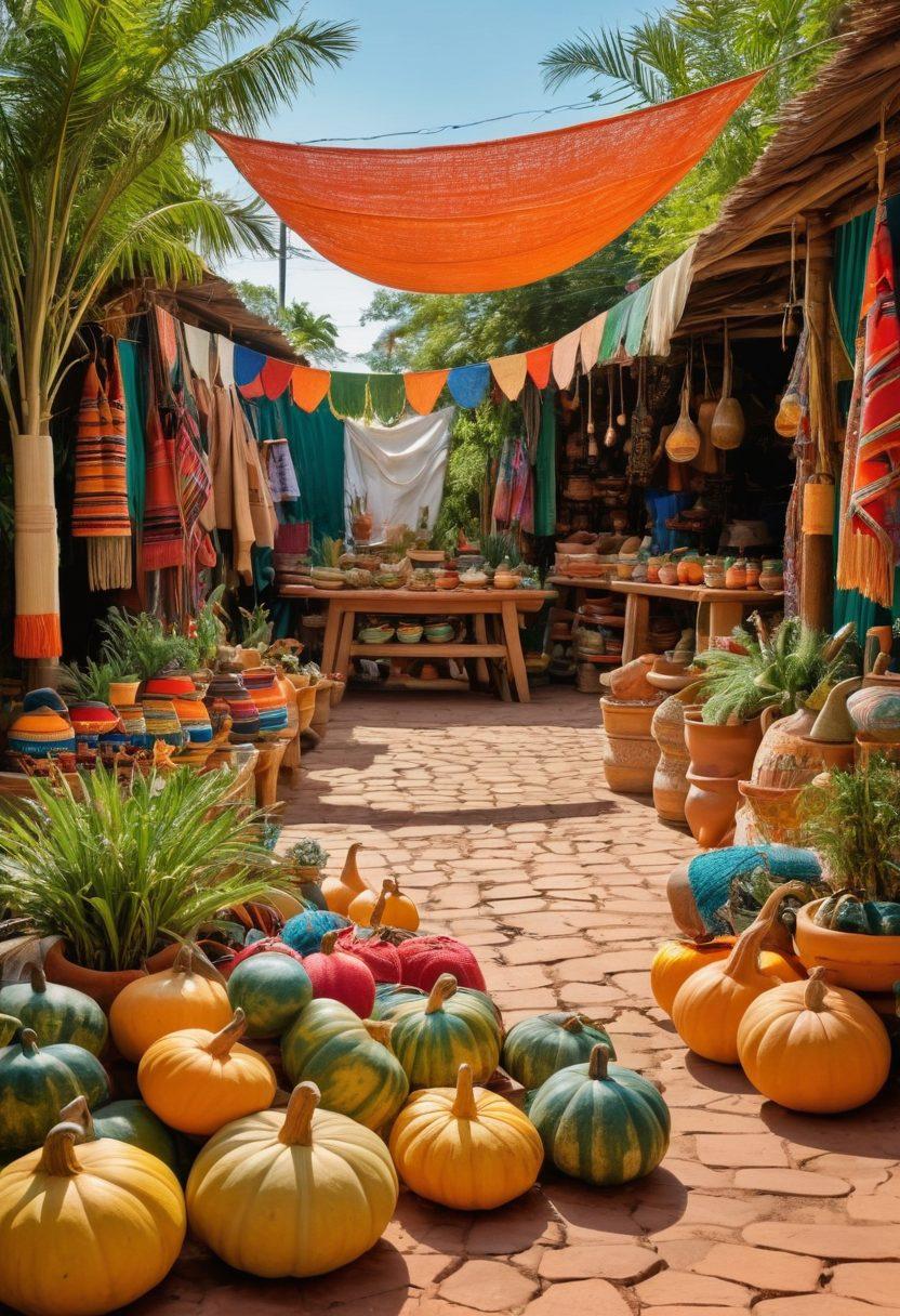 A colorful market scene showcasing a variety of traditional Paraguayan products, including handwoven textiles, mate gourds, and vibrant ceramics. The setting features smiling local artisans enthusiastically displaying their crafts, with lush green plants in the background. Bright banners illustrate the concept of 'Shop Smart, Shop Happy', inviting viewers to explore. Emphasize warmth and joy with a sunny atmosphere. vibrant colors. super-realistic.